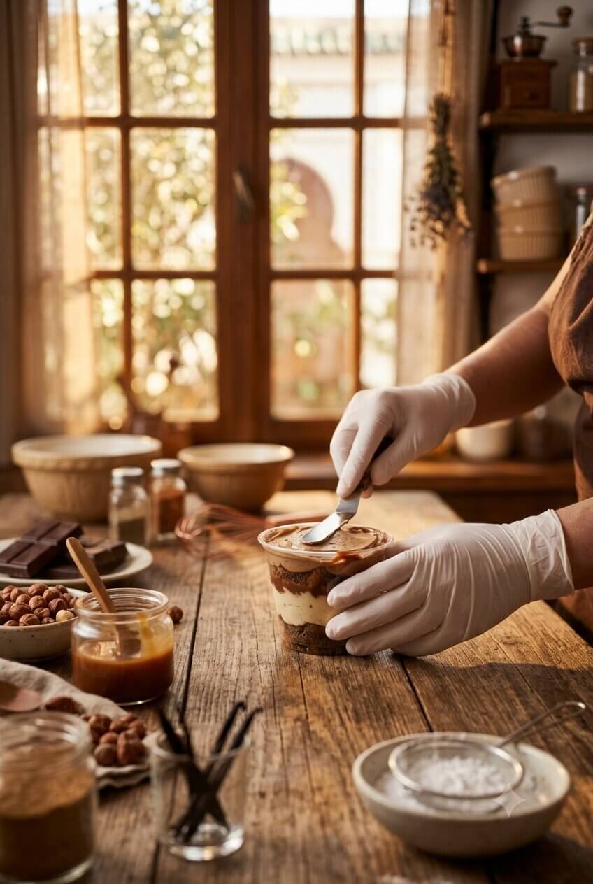 Préparation à la main d'un pot de tiramisu dans l'atelier Regalito